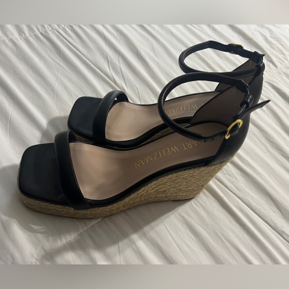 Stuart Weitzman Black Leather Espadrille Wedges - Picture 6 of 9